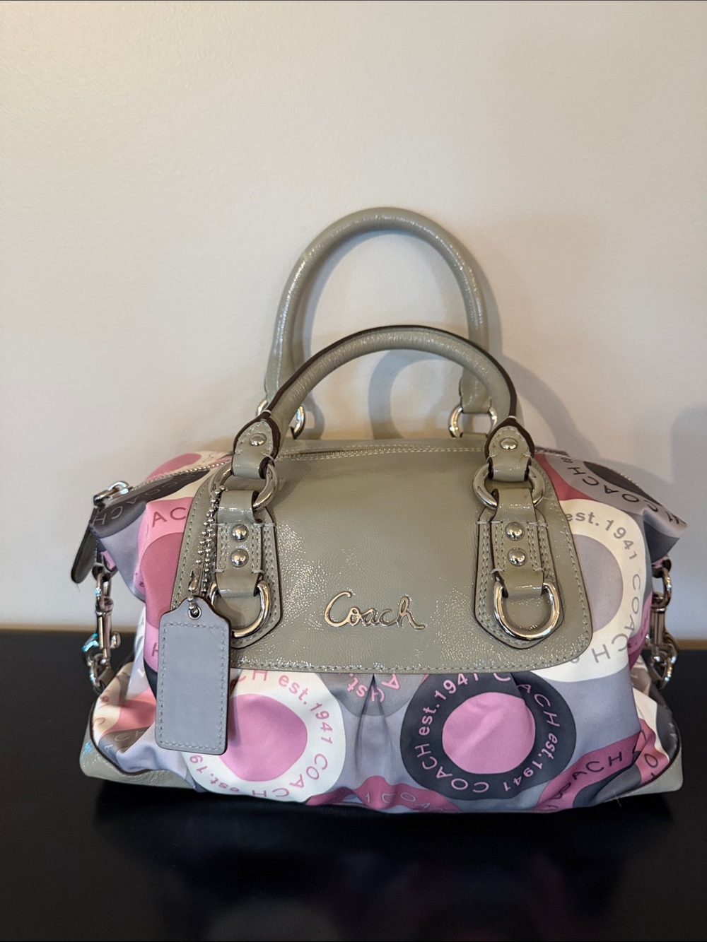 Coach Pink & Gray Patterned Satchel with Leather Trim